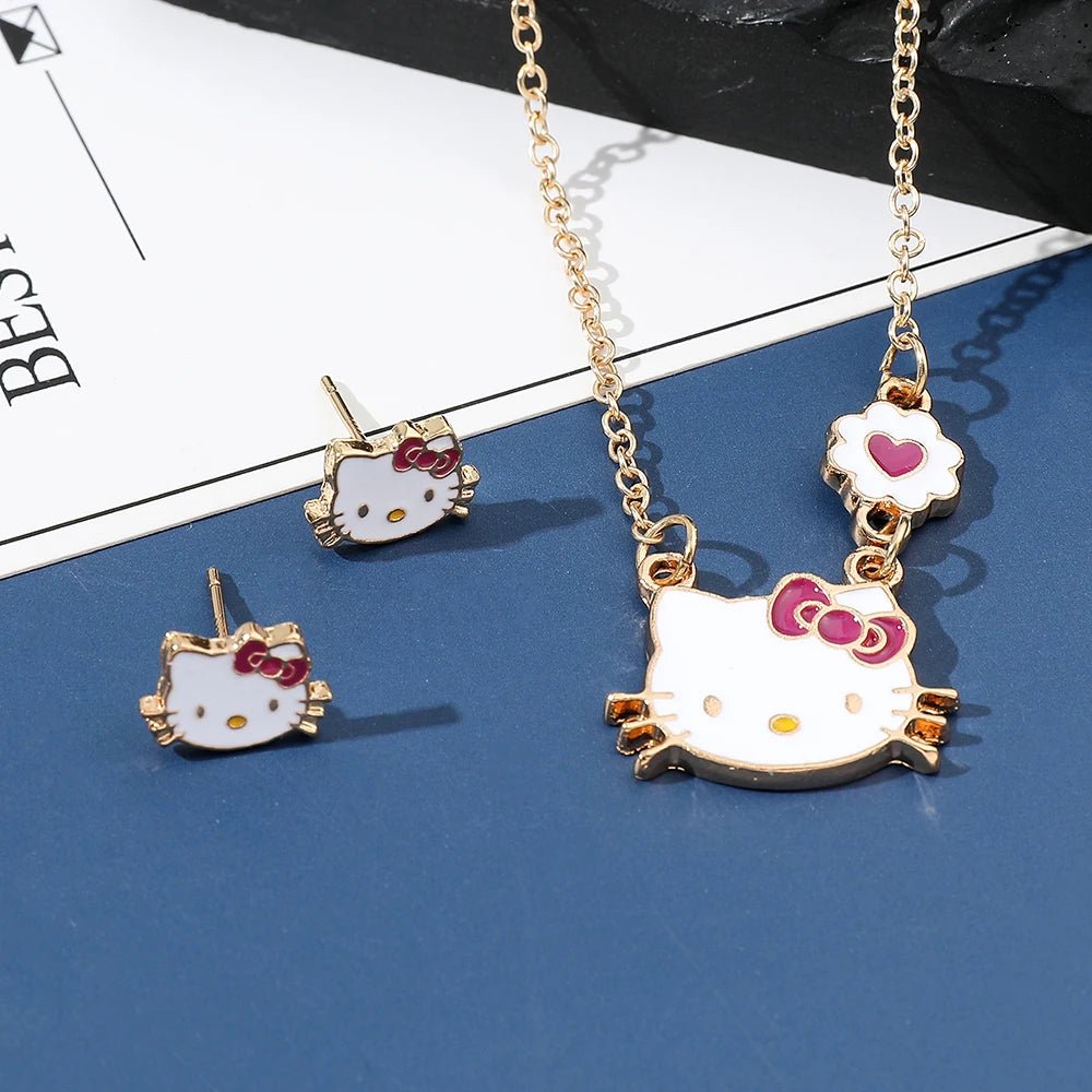 Sweet Sanrio Necklace & Hello Kitty Stud Earrings Set - Kawaii Jewelry for Kids, Holiday Gift