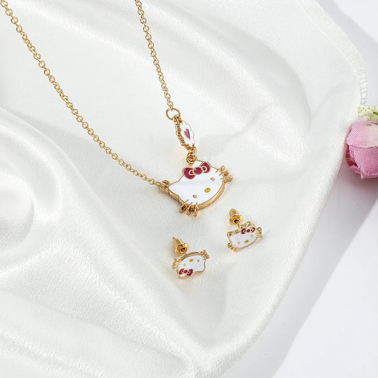 Sweet Sanrio Necklace & Hello Kitty Stud Earrings Set - Kawaii Jewelry for Kids, Holiday Gift