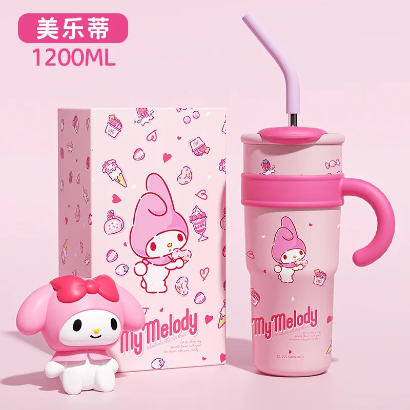 "1200ml Sanrio Thermos - Hello Kitty, Kuromi, Cinnamoroll & Melody Stainless Steel Tumbler with Straw"