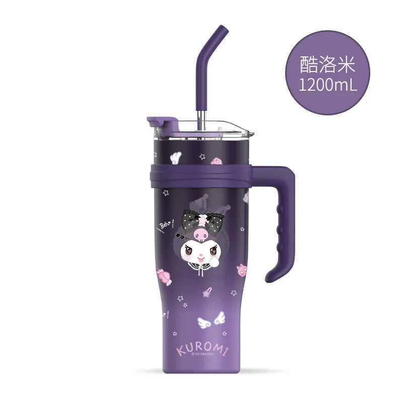 "1200ml Sanrio Thermos - Hello Kitty, Kuromi, Cinnamoroll & Melody Stainless Steel Tumbler with Straw"