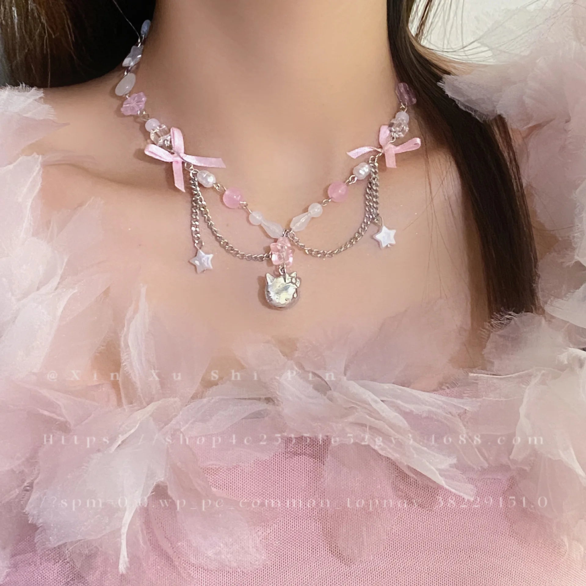 Hello Kitty Kawaii Beaded Necklace - Cute Bow & Star Clavicle Chain Jewelry for Women