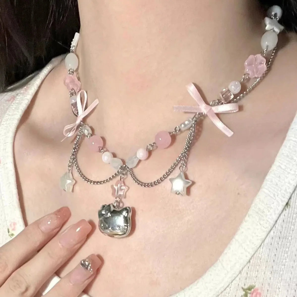 Hello Kitty Kawaii Beaded Necklace - Cute Bow & Star Clavicle Chain Jewelry for Women