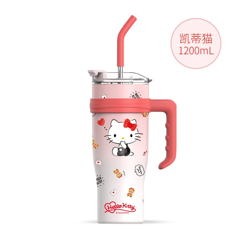 "1200ml Sanrio Thermos - Hello Kitty, Kuromi, Cinnamoroll & Melody Stainless Steel Tumbler with Straw"