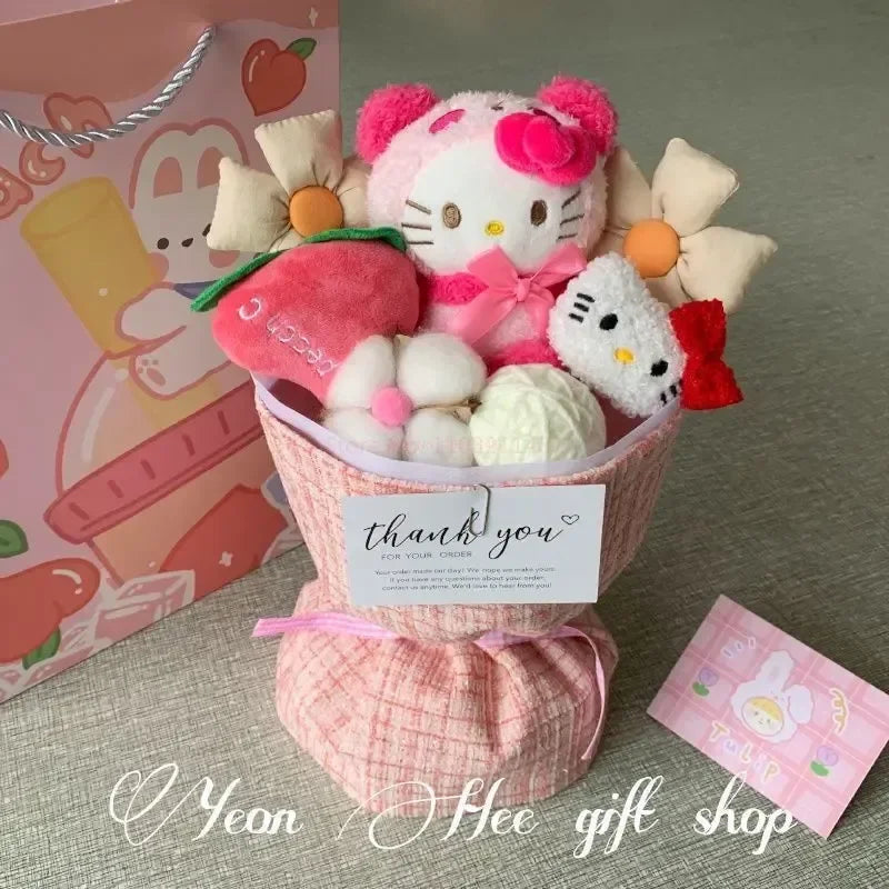 "Kuromi, Hello Kitty, My Melody and Cinnamoroll Plush Flower Bouquet - Kawaii Cartoon Decor & Valentine’s Gift for Girls"