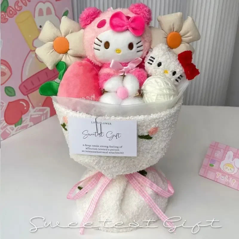 "Kuromi, Hello Kitty, My Melody and Cinnamoroll Plush Flower Bouquet - Kawaii Cartoon Decor & Valentine’s Gift for Girls"