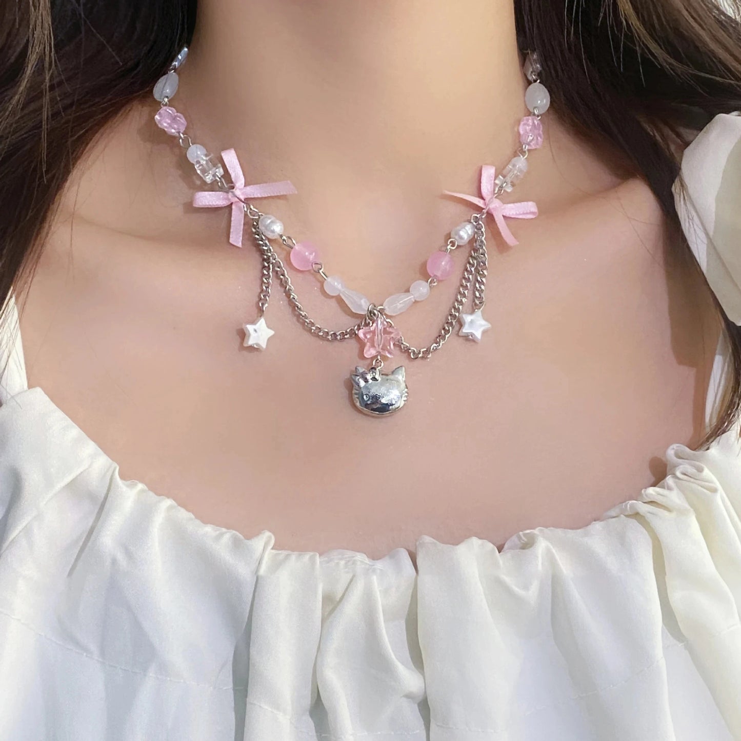 Hello Kitty Kawaii Beaded Necklace - Cute Bow & Star Clavicle Chain Jewelry for Women