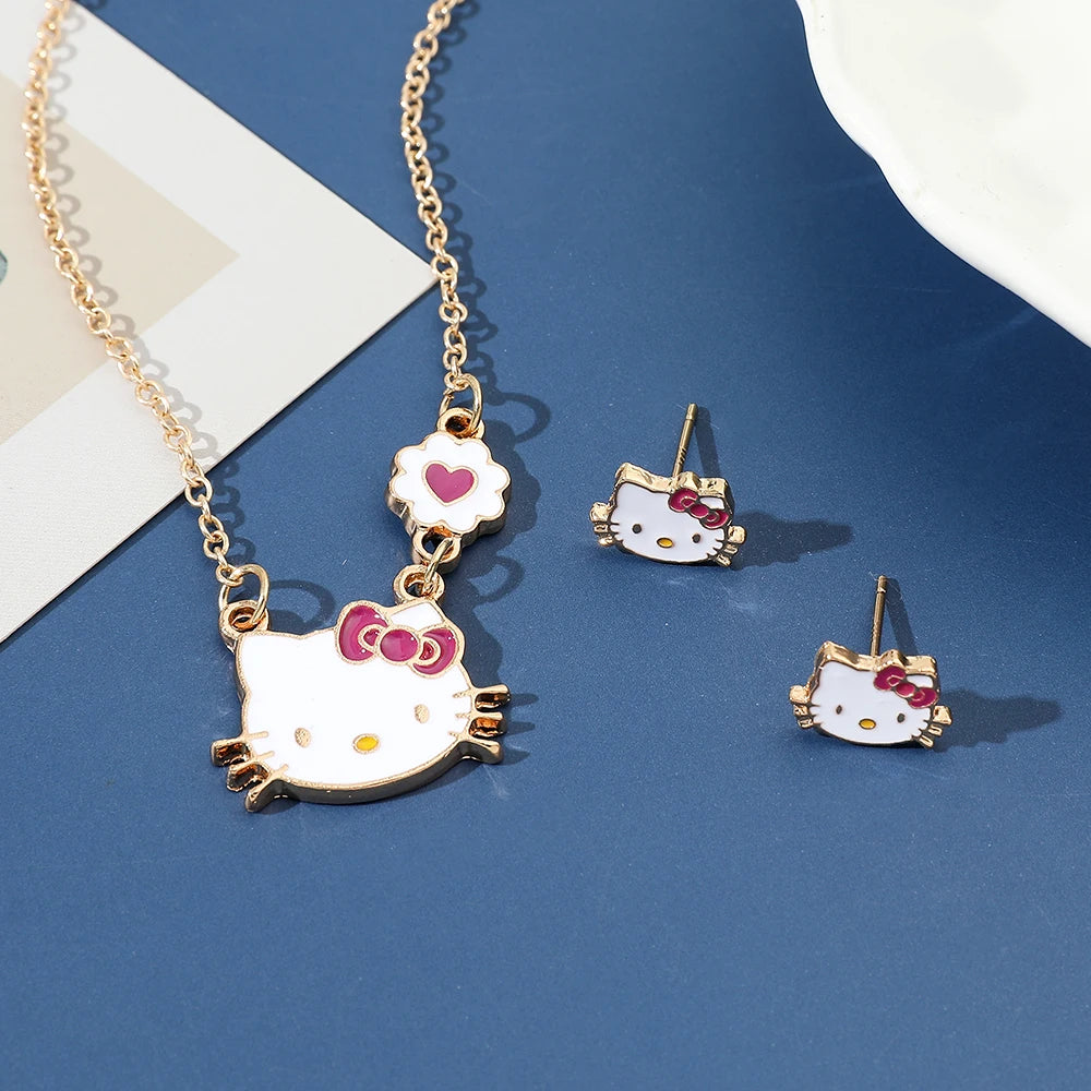 Sweet Sanrio Necklace & Hello Kitty Stud Earrings Set - Kawaii Jewelry for Kids, Holiday Gift