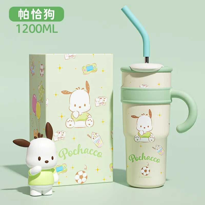 "1200ml Sanrio Thermos - Hello Kitty, Kuromi, Cinnamoroll & Melody Stainless Steel Tumbler with Straw"