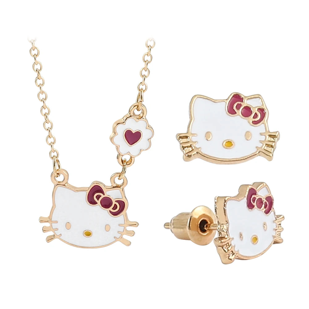 Sweet Sanrio Necklace & Hello Kitty Stud Earrings Set - Kawaii Jewelry for Kids, Holiday Gift