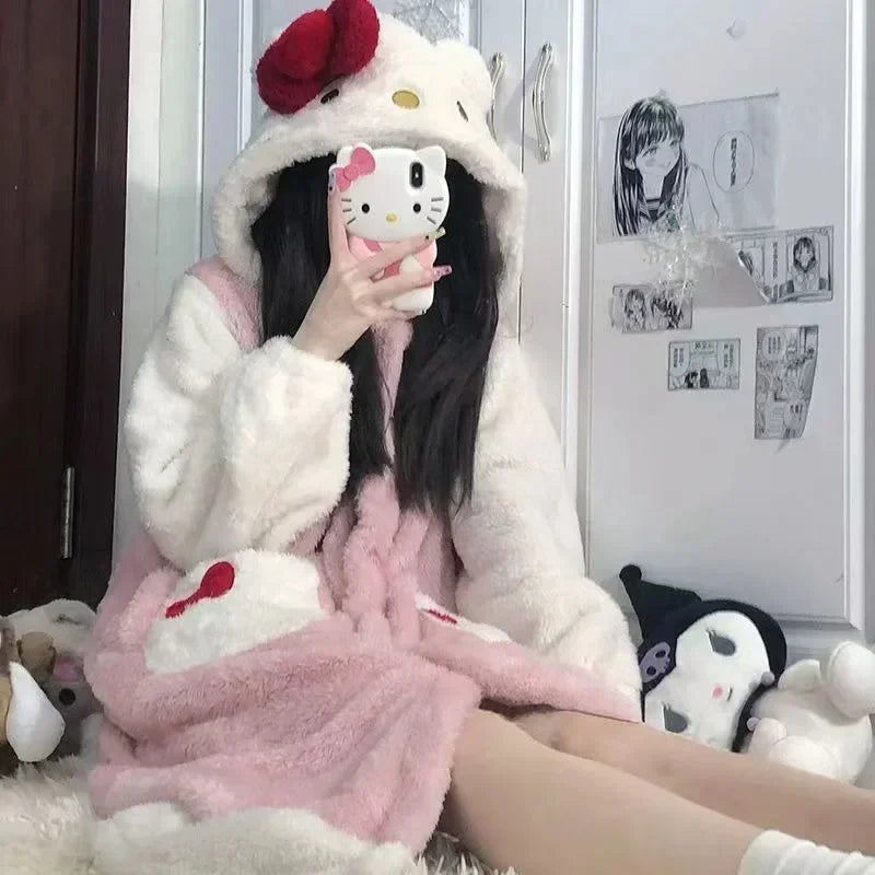 Kawaii Sanrio Hello Kitty Coral Fleece Pajamas - Women's Winter Onesie