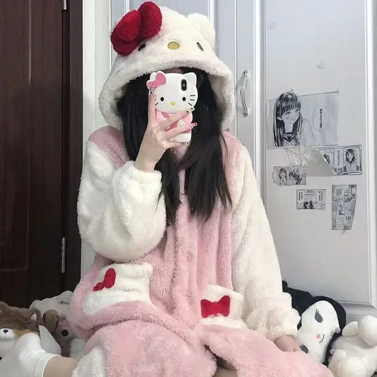 Kawaii Sanrio Hello Kitty Coral Fleece Pajamas - Women's Winter Onesie