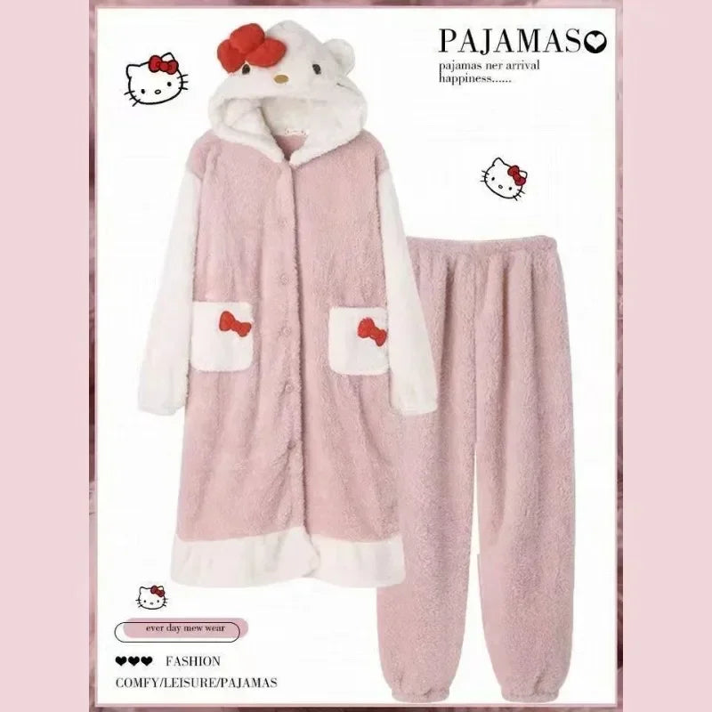 Kawaii Sanrio Hello Kitty Coral Fleece Pajamas - Women's Winter Onesie