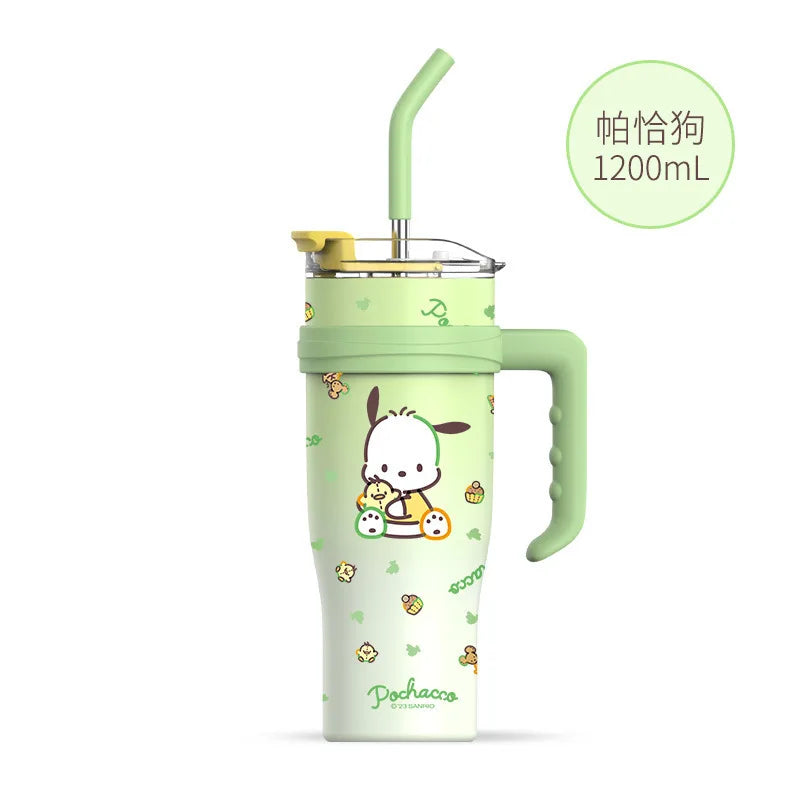 "1200ml Sanrio Thermos - Hello Kitty, Kuromi, Cinnamoroll & Melody Stainless Steel Tumbler with Straw"