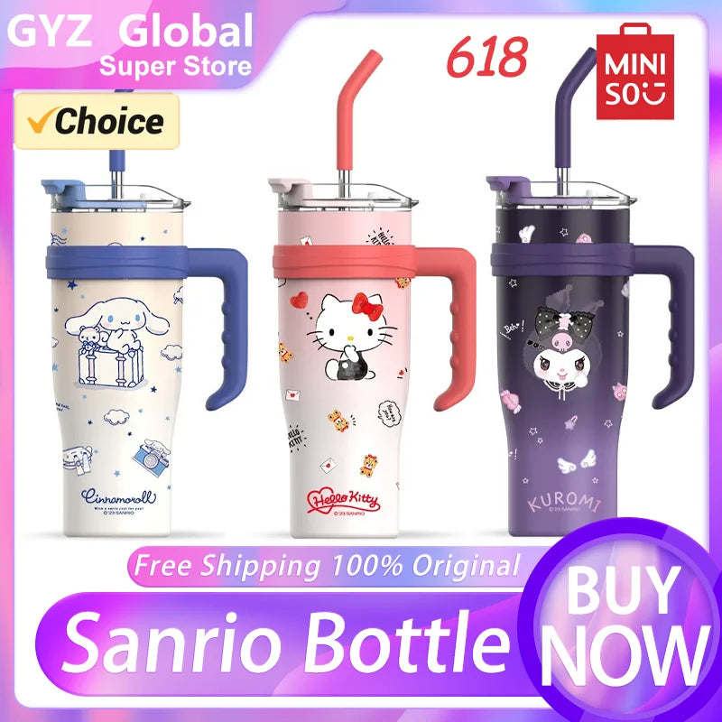 "1200ml Sanrio Thermos - Hello Kitty, Kuromi, Cinnamoroll & Melody Stainless Steel Tumbler with Straw"