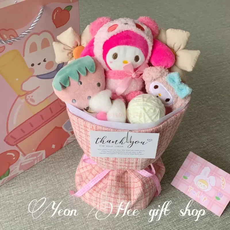 "Kuromi, Hello Kitty, My Melody and Cinnamoroll Plush Flower Bouquet - Kawaii Cartoon Decor & Valentine’s Gift for Girls"