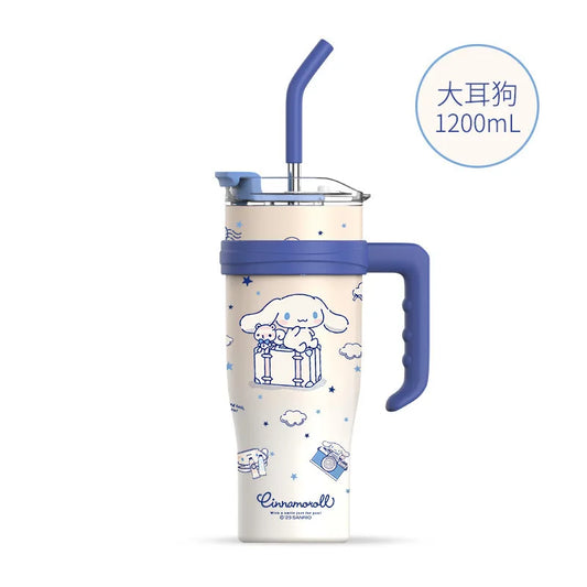 "1200ml Sanrio Thermos - Hello Kitty, Kuromi, Cinnamoroll & Melody Stainless Steel Tumbler with Straw"