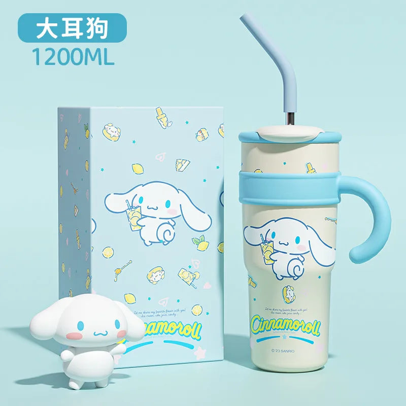 "1200ml Sanrio Thermos - Hello Kitty, Kuromi, Cinnamoroll & Melody Stainless Steel Tumbler with Straw"